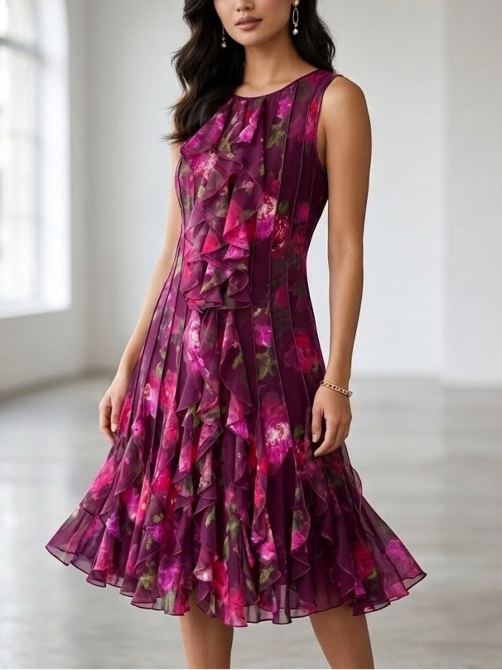 Flowing  Sheer Sleeveless Dress with elegant burgundy satin under slip- size med